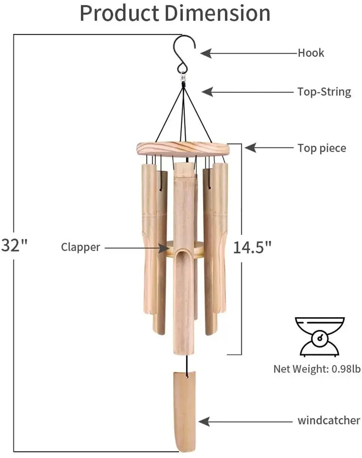 Carillons éoliens en Bambou à 6 Tubes, avec Son Naturel Relaxant et apaisant, carillons d'extérieur sculptés à la Main for Jardin, Patio, décoration extérieure de la Maison(A)