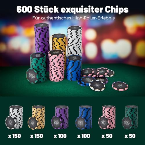 COSTWAY Pokerset 600 Chips, Pokerkoffer mit 6 Kartendeck, 5 Würfel, Dealer Button, Matte, Kartenmischer & Kartengeber, Aluminium Kasino Poker Komplett Set abschließbar, Profi Texas Hold'em (600 pcs) – Bild 6