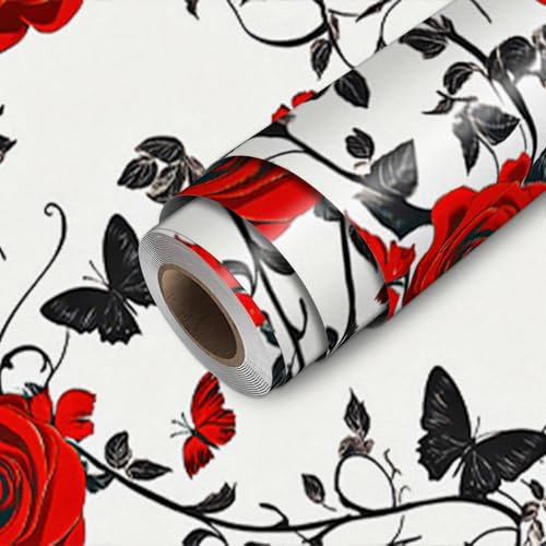 HOMETITUTE Red Rose and Butterfly Contrast Wallpaper Peel and Stick Contact Paper Wall Paper Stick 17.7' x 118.1' Self Adhesive Removable Vinyl Wall Covering Bedroom Kitchen Bathroom Home Decor