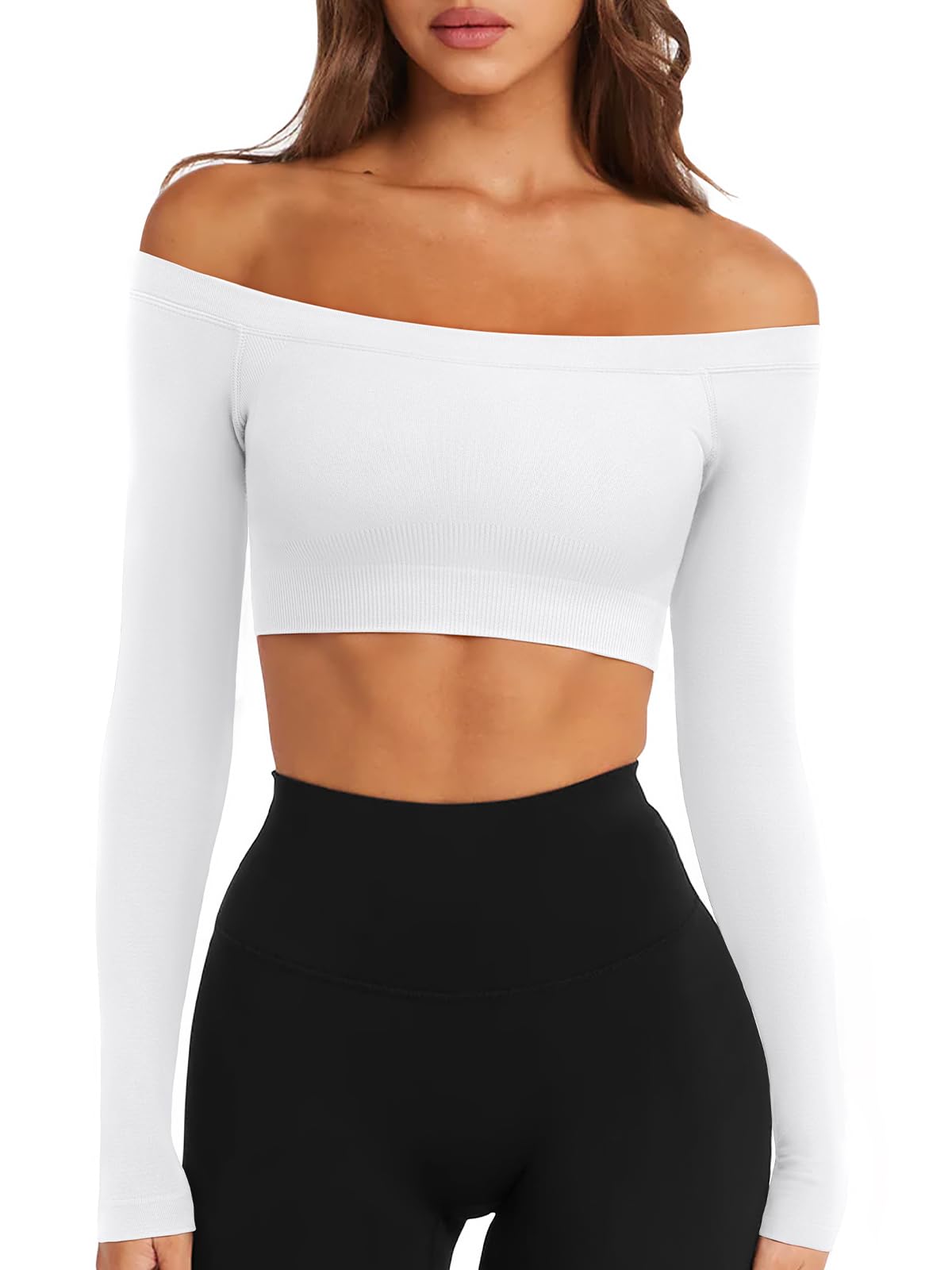 Womens Off The Shoulder Tops Seamless Long Sleeve Workout Crop Top Sexy Gym Yoga Going Out Tops Shirts