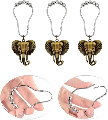 Miniatura 3 de Ganchos decorativos para cortina de ducha de elefante, juego de 12 ganchos de cortina de acero inoxidable a prueba de óxido, con bonitos elefantes,
