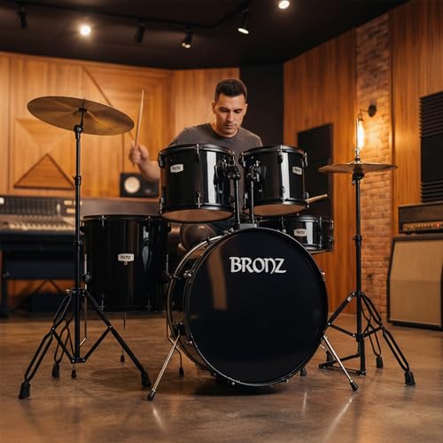 Image of ARCTIC Bronze 5 Piece Complete Acoustic Drum Kit /Drumset with drumsticks, Cymbals and throne With Hardware. Best Sounding shells, most durable build. (Black) (BDS-501-BK)
