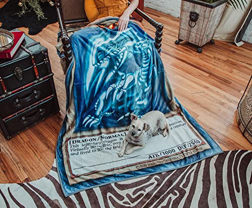 Image of Yu-Gi-Oh! Blue-Eyes White Dragon Card Fleece Throw Blanket | Anime Plush Soft Cover for Sofa, Bed | 45 x 60 Inches