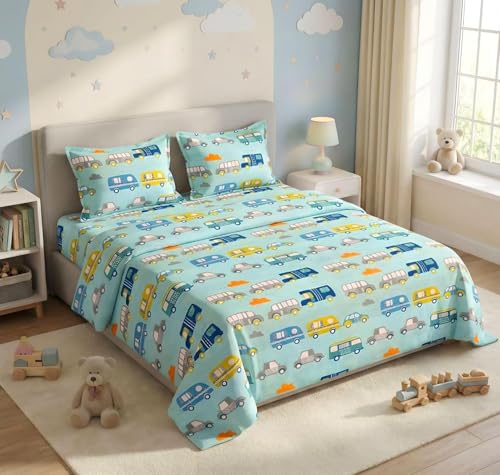 Image of RD FABS Glace Cotton Wrinkle Free Soft Hypoallergenic Double Bed King Size Bedsheet with 2 Pillow Covers, Cartoon Printed for Kids Room Boys Girls, 90x95 Inches, Sky Blue, Car Bus Design, 144 TC