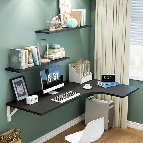Mesa plegable esquinera montada en la pared, escritorio flotante de madera para espacios pequeños, oficinas, dormitorios, restaurantes, escritorio plegable para comedor y computadora (negro, 90 x 60 x