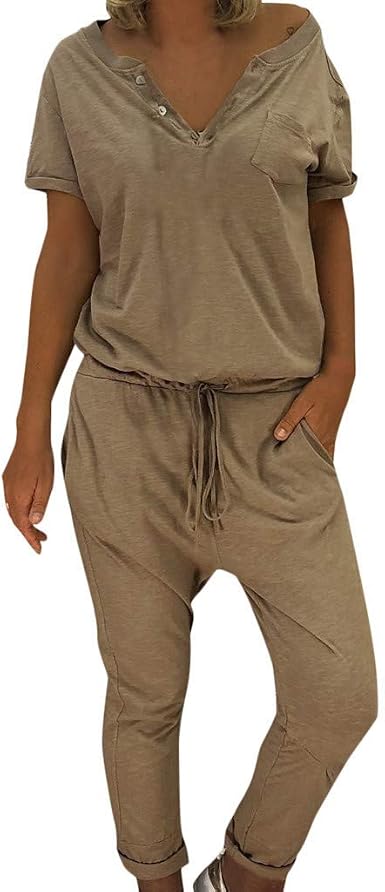 RISTHY Mujeres Casual Elegante Cintura Alta Mono de Manga Corta Harén  Pantalones de Algodón Ocasionales Mamelucos Sueltos Cintura con Cordón  Color Sólido: Amazon.es: Ropa