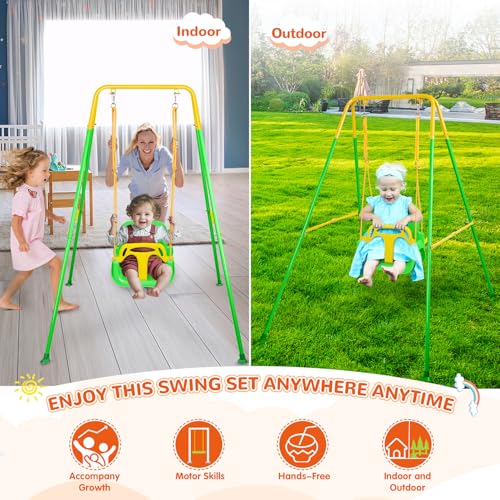3-in-1 Swing Set & Baby Jumper and Bouncer for Toddler, Heavy Duty Baby Swing Stand with Foldable Metal Stand for Indoor & Outdoor Play, Adjustable Swing Set for Toddler (Green+Jumper) - Thumbnail 6