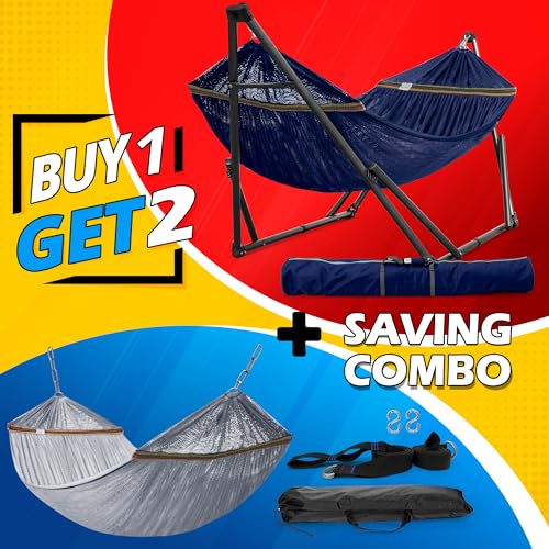 Image of Tranquillo Combo x2 Hammocks with Stand for Outside & Tree Straps, Heavy Duty Hammock with Stand 600lbs for Indoor Outdoor Patio Backyard, x2 Hammocks for 2 Person, Portable Carrying Bags, Aegean