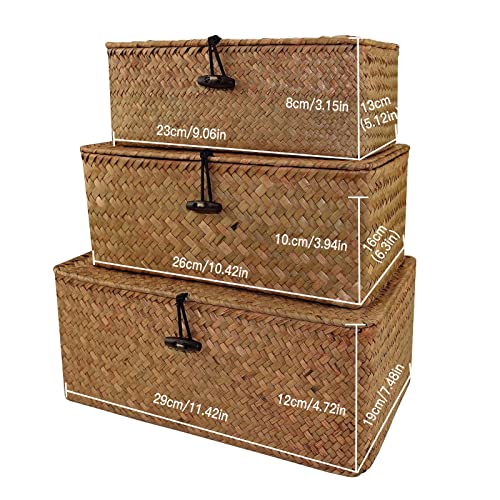 Sobotoo Woven Wicker Storage Bins With Lid, Button Hand-Woven Rattan Desktop Storage Box Storage Basket Rectangular Household Organizer Boxes Shelf Wardrobe Organizer For Shelf Organizer (Mix(S+M+L)) #TOP5