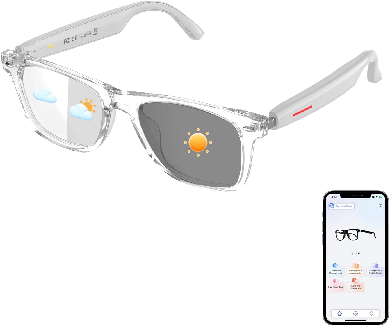 Smart AI Translation Glasses, Support 160+ Languages Real-Time Translation/Live Recording, AI Voice & Video Call, Auto-On/Off Translator Glasses, Noise Reduction, AI Glasses for Men & Women (Clear)