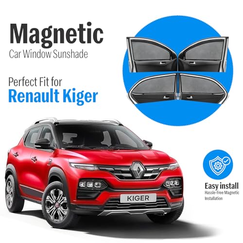 Image of Autofact Magnetic Car Sunshades Compatible with Renault Kiger (Set of 4) - Easy Installation, UV Protection, Keeps Car Cool (Front 2 with Zippers for Easy Access, Rear 2 Without Zippers)