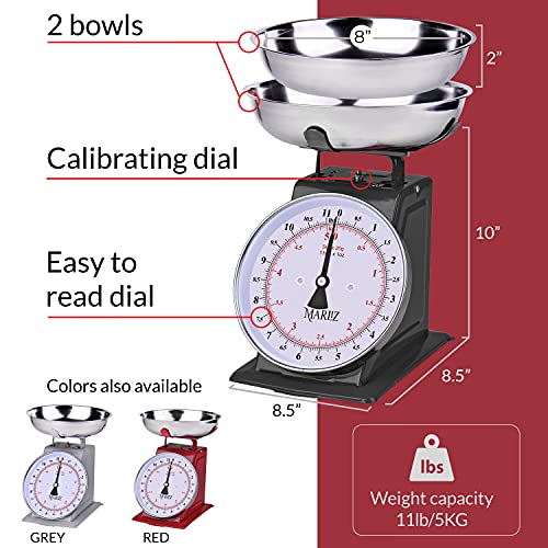 Marliz Kitchen Scale 11Lb/5Kg With 2 Bowls |Mechanical Dial Scale| Vintage Kitchen Scale| Pesa Para Alimentos| Bascula De Cocina|Black Kitchen Scale|Bakers Scale #TOP2