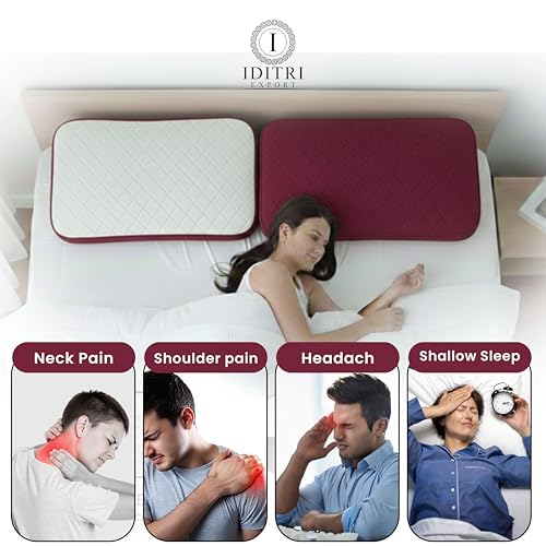 Image of Orthopedic Shredded Memory Foam Pillow Set of 2, 50x30x6 cm High Density Support for Neck Relief, White /Maroon Breathable Case, Aligned Spine Bedding for Side and Back Sleeper