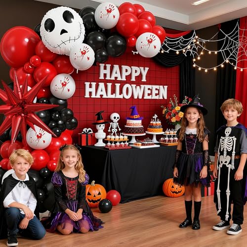 Image of Halloween Balloon Arch Kit Bloody Balloons Garland Black and Red Balloon with Skull Face Explosion Star Foil Balloon for Nightmare Horror Theme Birthday Spooky Vampire Skeleton Cat Party Decorations