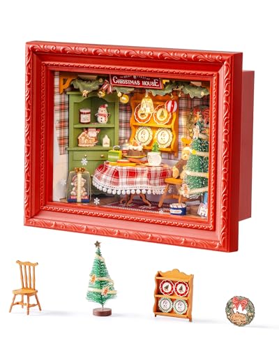 Rolife DIY Miniature House Kit Mini Wooden Dollhouse Kit for Adults to Build 3D Shadow Box Frame Home Wall Hanging Decor Diorama Kit for Girls Women Teens-Christmas Eve Party