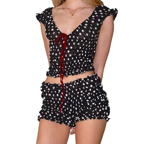 RUEWEY Women Polka Dot Pajamas Set Scoop Neck Cami Top Smocked Ruffle Shorts 2 Piece Lounge Set Sleepwear