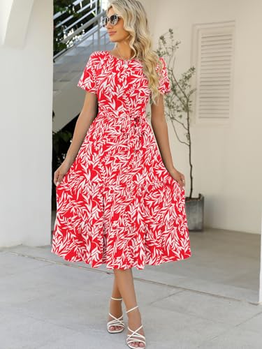 Image of Lyrur Women's Dresses Casual Summer Tiered Midi Dress Short Sleeve Belted Ruffle Babydoll Boho Sundress with Pockets