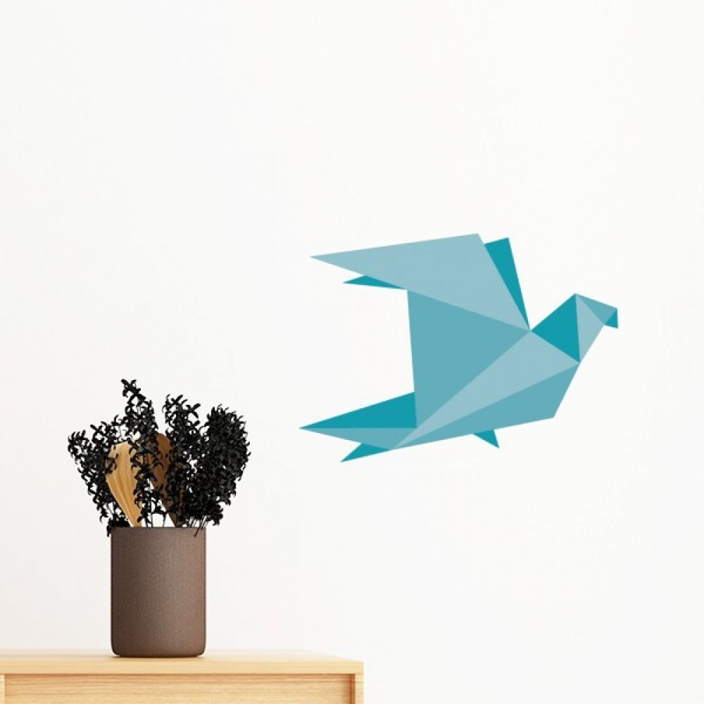 Sticker mural amovible pigeon origami vert 60cm déco sans colle ni perçage