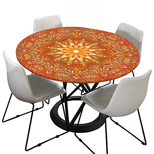 Morbuy Rund Tischdecke Elastisch, Lotuseffekt Tischdecke Abwaschbar Tischdecken Mandala Drucken Gartentischdecke Indoor Outdoor Tischtuch (Durchmesser 110cm,Orange)