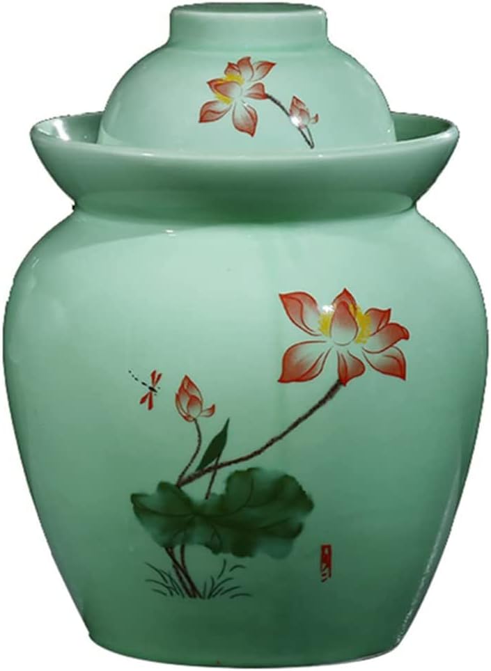 Traditional Chinese Porcelain Pickle Jar, Green Lotus Ceramic Fermentation Crock Pickling Pot,Fermenting Jar with Water Seal Airlock Lid Stoneware Fermenter for Kimc 0.6KG