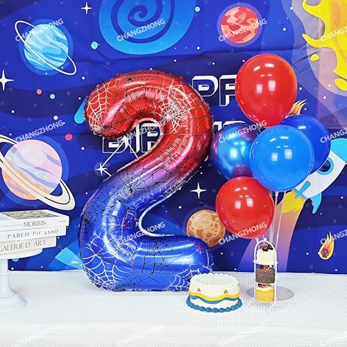 Image of 40 In Red And Blue Spider Theme Large Number 8 Balloon | Giant Large Helium Foil Balloon for Boy or Girl 8 th Birthday Wedding Anniversary Baby Shower Party Decorations