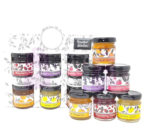 Selection of Breakfast & Afternoon Tea Jam Preserve Gift Pack - Strawberry Blackcurrant Raspberry Apricot Lemon Curd Marmalade - 6 x 42g Jars