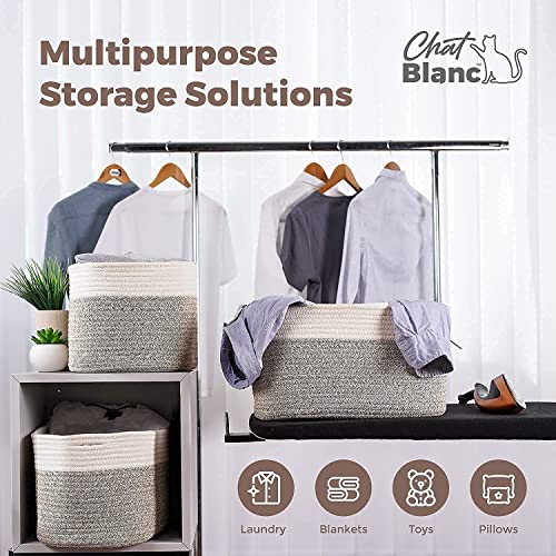 CHAT BLANC Cotton Rope Baskets for Organizing | 15”x10”x9” Storage Baskets for Shelves | Small Laundry Woven Baskets for Storage, Dog Toy Bin, Baby Basket,Off White&Brown 3 Pack - Image 6