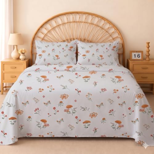 Image of IVAZA 240 TC Soft Ezyption Cotton Floral Print King Size Bedsheet - with 2 Pillow Covers, Hypoallergenic, Brethable, (Size- 90 x 90 Inch) White Rust