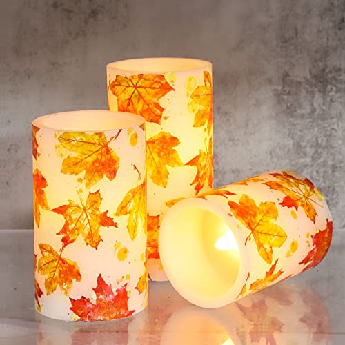 Image of Flameless Candles Remote Fall Leaves Decal Flickering Real Wax Battery Operated Candles for Home Party Wedding Botanical Christmas Fall Decorations - Set of 3