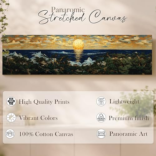 Image of Japanese Nihonga Seascape Stretched Canvas Wall Art Painting for Living Room, Sun Rise Canvas Wall Decor For Livingroom, Bedroom, Office, Hallway's, Hotel 12x46 Inch