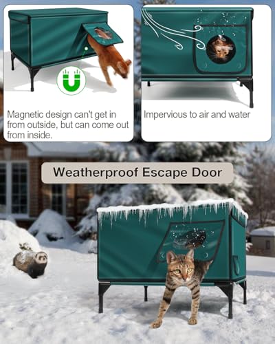 Outdoor Heated Cat House in Winter,Extremely Insulated & Weatherproof,Elevated Feral Cat Shelter with Waterproof Eaves & Escape Door for Outside Stray Barn Cat(Dark Green,L:28.0" Lx16.5 Wx20.0 Th)