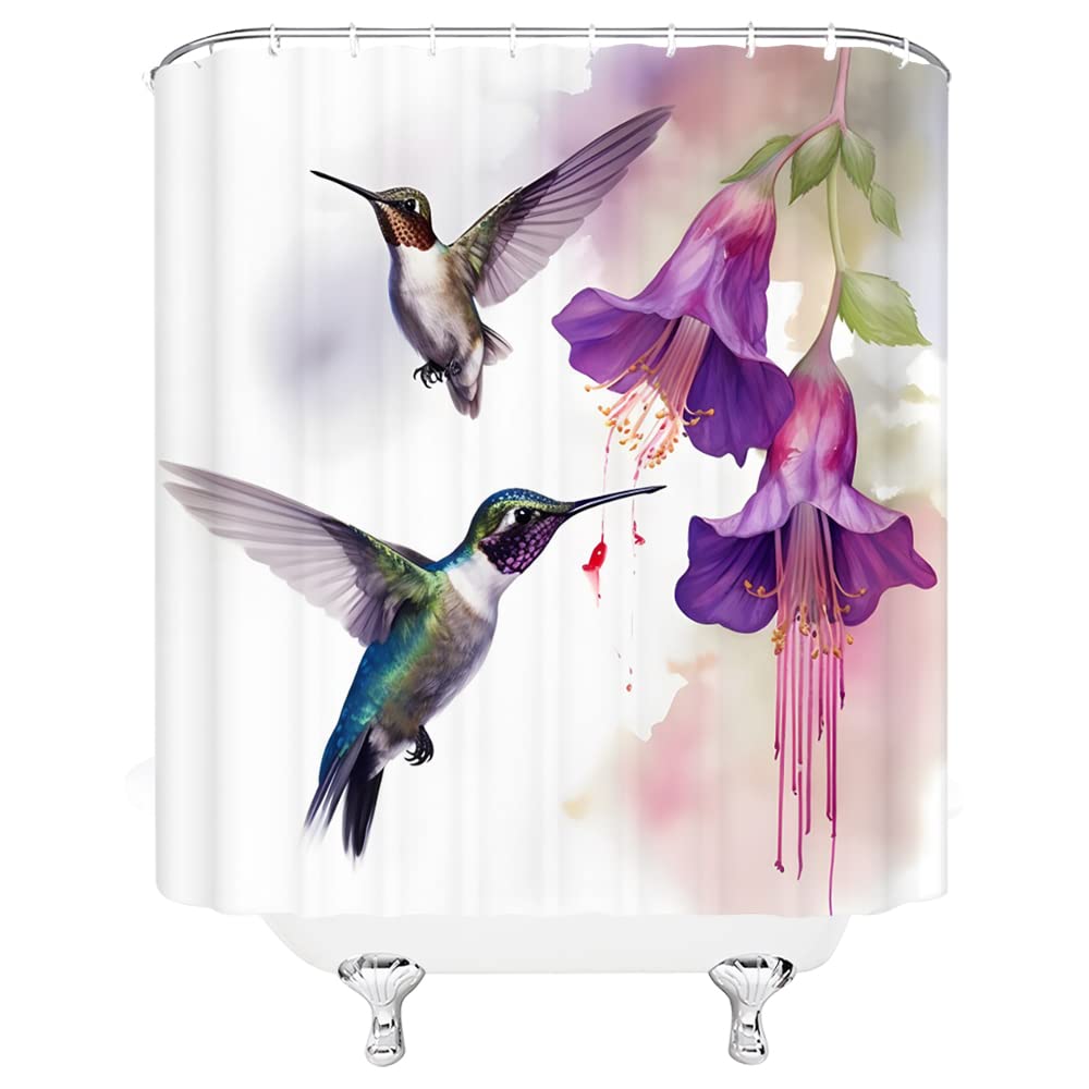 Duschvorhang Mit Kolibri & Blumen-Motiv – Lila, 178 X 183 Cm, Polyester, Waschbar