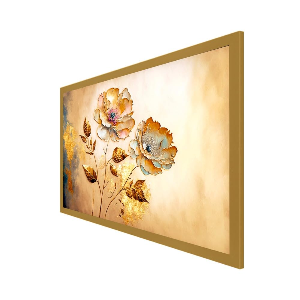 DEKORSTATION Canvas with Acrylic Floral Painting for Living Room Wall Decoration Golden Flower Abstract Floating Frame Wall Paintings for Home and Office Decor Size : 12x24 Inches 1