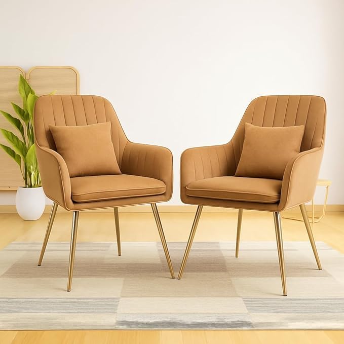 Image of Toxigo Velvet Office and Garden Area Outdoor Chairs | Cushion Seat Chair with Pillows for Modern Contemporary Upholstered with Polished Rosegold Metal Designer Piece | Set of 2 (Light Brown)