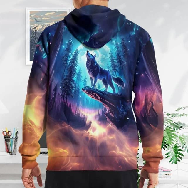 Wolf Hoodies For Men 3D Print Three Wolf Moon Adults Wolves Face Hooded Galaxy Sweatshirt Wolf3