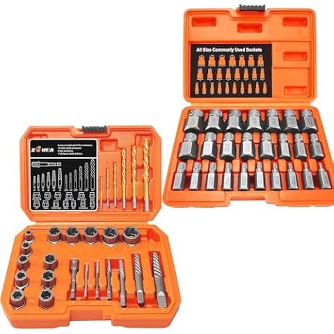 XEWEA 25Pcs Screw Extractor Set + 26PCS Screw & Bolt Extractor Set with Left Hand Drill Bit Kit【with Hex Adapter】, Easy Out Tools for for Damaged,Frozen,Rusted Bolts, Nuts & Screw Cover