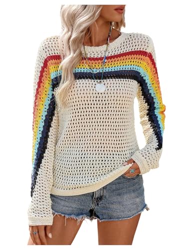 MakeMeChic Women's Crochet Sweater Rainbow Hollow Out Long Sleeve Knit Tops Fall Clothes