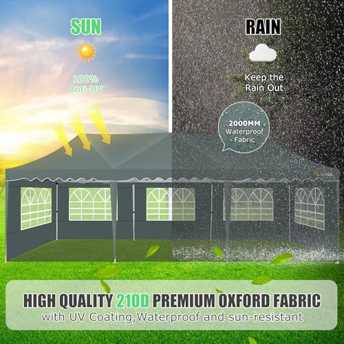 Image of HOTEEL 10x30 Canopy Tent Pop Up Canopy with 8 Sidewalls Party Tent Outdoor Canopy UPF 50+ Windproof Waterproof Wedding Party Tents for Parties Canopy Gazebo with Roller Bag & 4 Weights,Grey