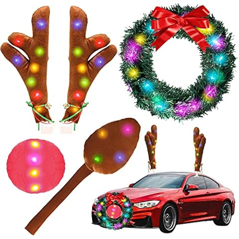 Ankuka Reindeer Antlers Car Kit with LED Lights, Christmas Reindeer Antlers & Nose Tail Wreath for Car with LED Light, Christmas Car Decoration kit Automotive Exterior Accessories for Sedan SUV Cover