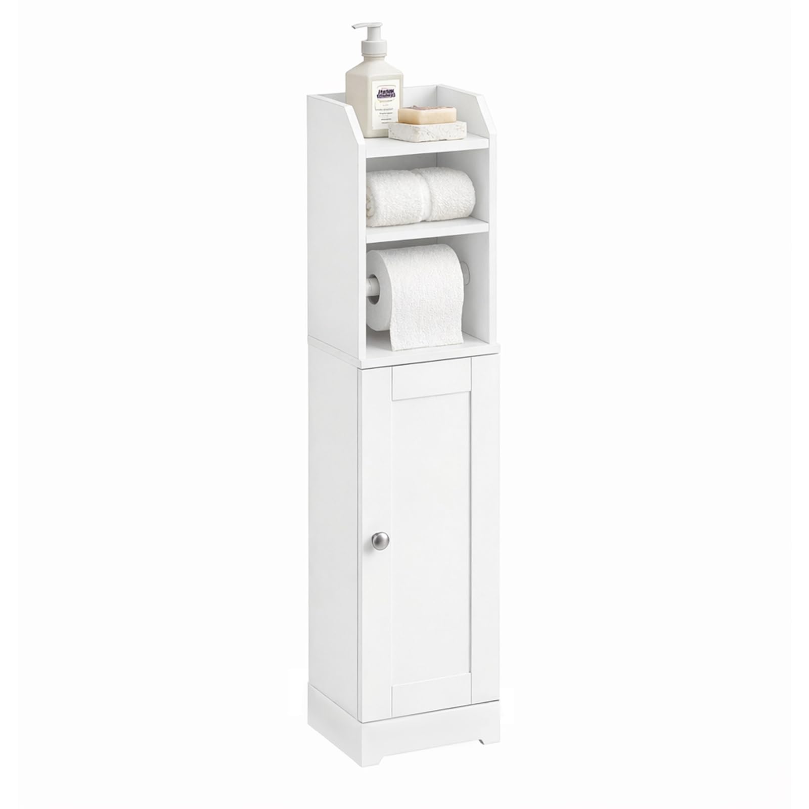 SoBuy Mobiletto Bagno Stretto Salvaspazio con Anta e Porta Carta Igienica | Armadietto Colonna con Ripiano Regolabile per WC, Lavanderia e Ingresso, Bianco, FRG177-II-W
