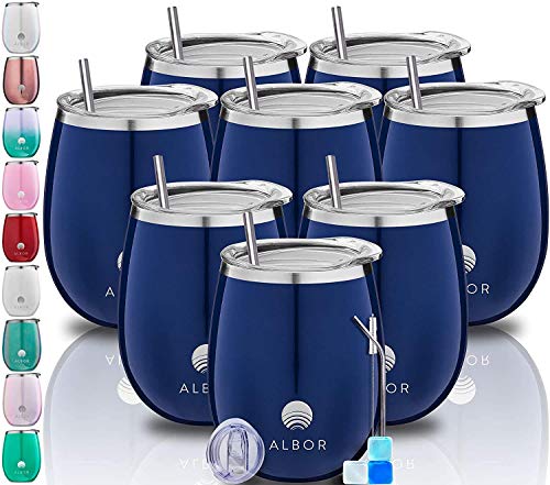 ALBOR Triple Insulated Wine Tumbler with Lid Stainless Steel 12 Oz Tumbler Navy