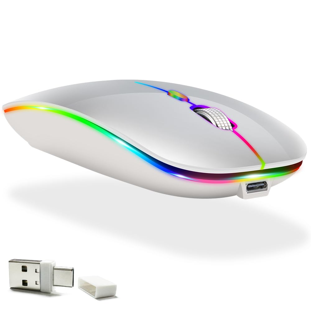 LED Rechargeable Mouse(BT5.2+Type-C+USB2.4G) Bluetooth Mouse for MacBook/MacBook air/Pro/Laptop/Notebook/pc/iPad/Chromebook (A LED/Silver)