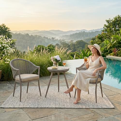 Image of BRISHI Garden Patio Seating Chair and Table Set Outdoor Balcony Garden Coffee Table Set Furniture with 1 Table and 2 Chairs Set with Cushion Braid & Rope (Gray)