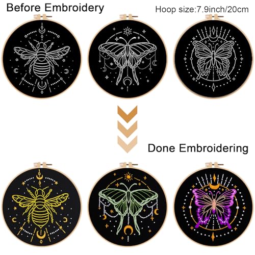 Image of Louise Maelys 3 Sets Tarot Embroidery Kits for Beginners,Cross Stitch Kit for Adults,Crewel Starters Needlepoint with Moon, Butterfly, Bee and Moth Pattern and Tool
