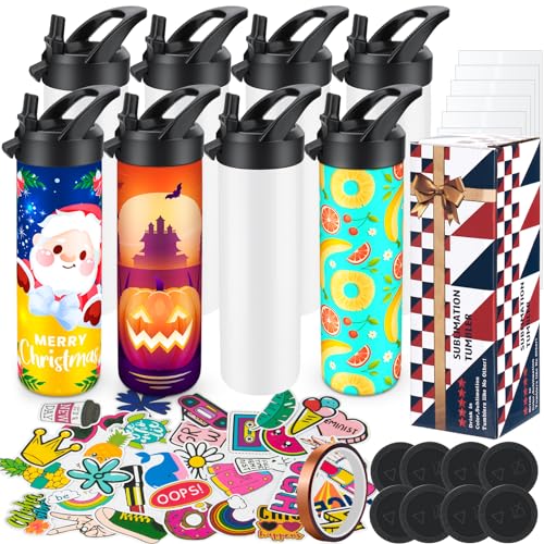 8 Pack 20oz Sublimation Tumbler Set Triple-Insulated Stainless Steel Sports Water Bottle with Straw Lid Blank Sublimation Cup with DIY Stickers, Shrink Wrap, Rubber Base, Heat Tape for Heat Transfer