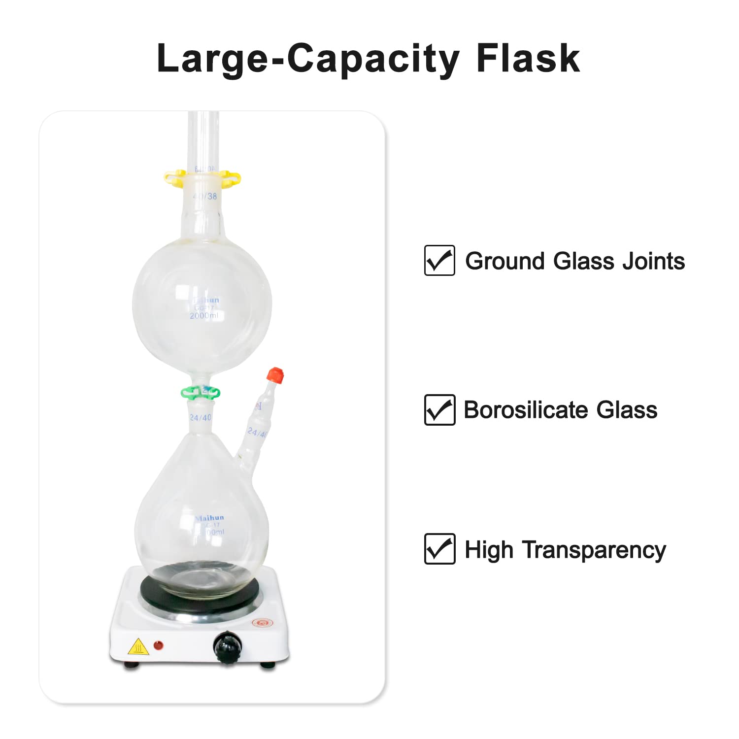 Kit de aparato de destilación de laboratorio de 2 L, equipo de cristalería de laboratorio de química para destilación de vapor de aceite esencial, destilador de agua, purificador con estufa caliente