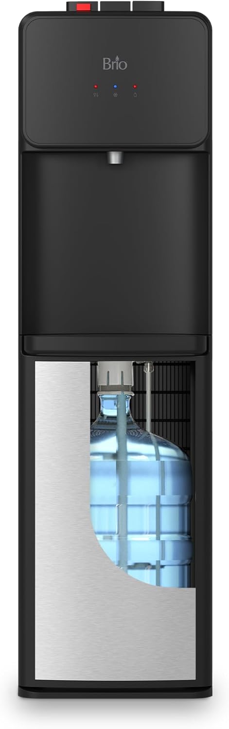 Brio 130SS Bottom Load Water Cooler Dispenser for 5 Gallon Bottles - Hot, Room & Cold, Child Safety Lock, Empty Bottle Alert, Energy Star Black Stainless Steel