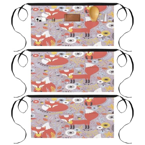 Tablier court de chef x3 avec poches motif renard et fleurs pour la cuisine