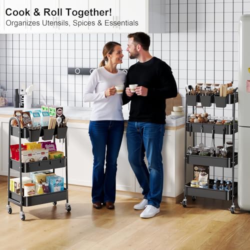 image for Recximi 4 Tier Black Metal Rolling Cart with Lockable Wheels and Cups,