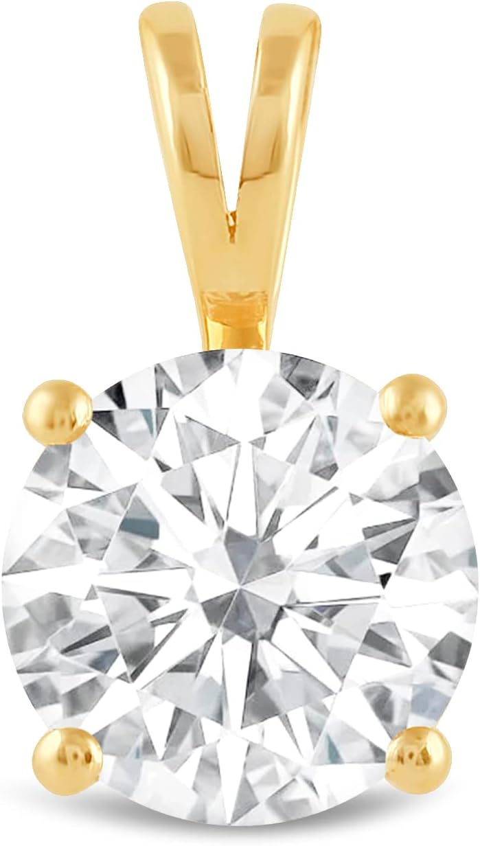 Everyday Elegance Solid 14K Gold Cubic Zirconia Solitaire Pendant Necklace for Women Heart, Princess, Round, Oval, Emerald, Pear & Cushion Cut 1 or 2 CTW | .60mm Thick 16" 18" Length Box Link Chain